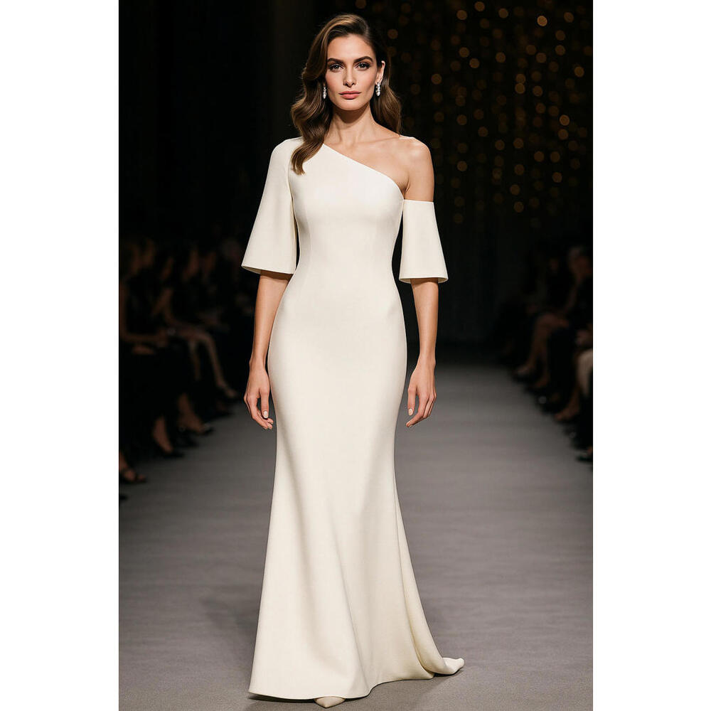 Badgley Mischka Stretch-Crepe Cape Gown $695 Ivory Sleeve sz 4 Runway Bridal